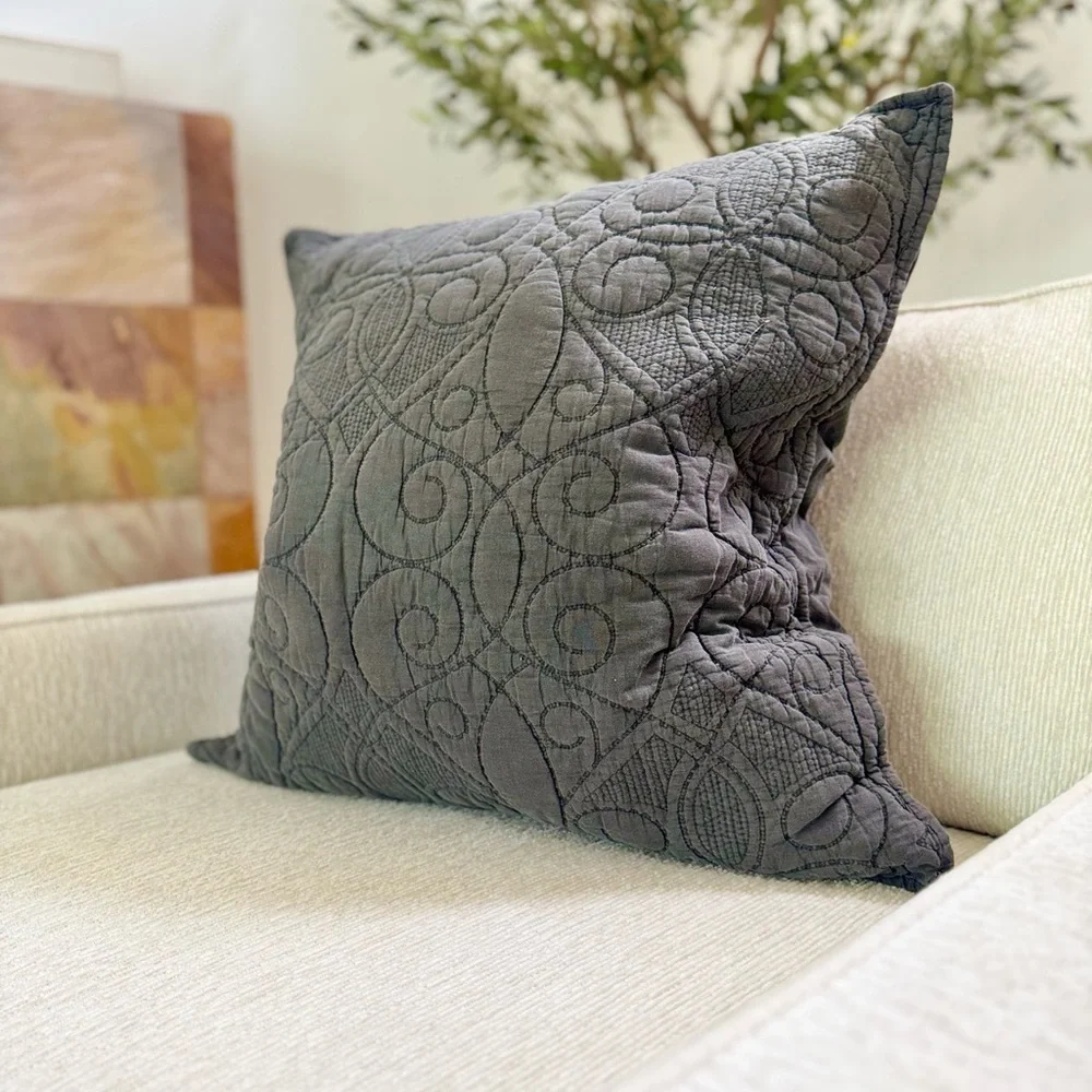 Pottery Barn Embroidered Quilted Decorative Sham Pillow - Charcoal Gray